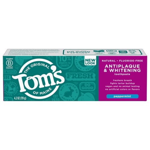 Tom's of Maine Fluoride-Free Antiplaque & Whitening Natural Toothpaste, Peppermint, 4.2 oz. 3-Pack (Packaging May Vary)