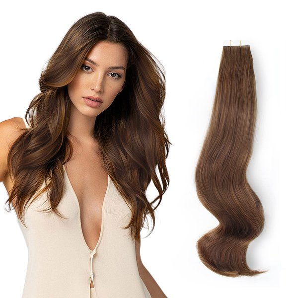ABH AmazingBeauty Hair Tape in Hair Extensions Real Human Hair Semi-permanent 50g 20pcs Tape in Attached Skin Weft Invisible Seamless Reusable Walnut Brown Color 3 14 Inch