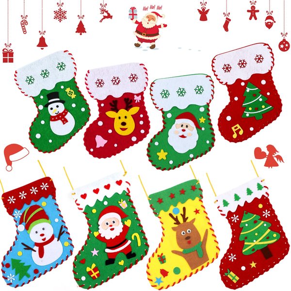 Skylety Christmas Felt Crafts for Kids DIY Christmas Felt Stockings with Ornaments Snowman Sewing Sock Kits for Kids Christmas Decoration for Christmas Party Handmade DIY Craft Supplies(8 Pieces)