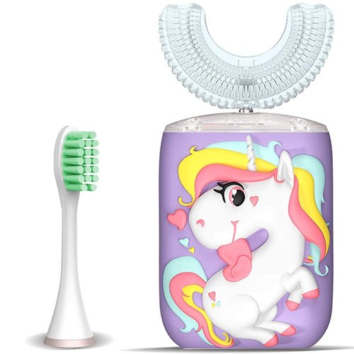 KRX Kids Toothbrush Electric, U Shaped Ultrasonic Automatic Toothbrush with 2 Brush Heads, Six Cleaning Modes, Cartoon Modeling Design for Kids, Special for Birthday Gift (1.Purple)
