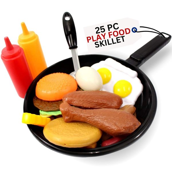 25 PCS Play Food Kids Toy Set with Frying Pan Skillet and Spatula - Kitchen Cooking Pretend Play Toy Grill Set for Toddlers Kids