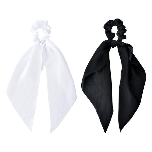 Hair Bow Scrunchies Ribbon Hair Scarf for Women Scrunchy Hair Ties with Ribbons Ponytail Holders Black White Satin Hair Scrunchies for Girls 2Pcs Hair Bow Scarf Elastic Hair Tie Hair Ribbon Scrunchie