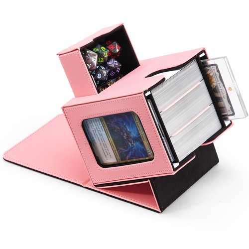 Zettokete MTG Commander Deck Box with Dual Commander Display, Patented Card Deck Box Fits 100 Double-Sleeved Cards, MTG Deck Box with Dice Tray, 2 Dividers, 2 Magnetic Holders, Pink & Black