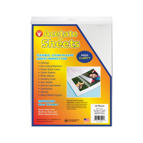 Hygloss Products Acetate Sheets for Crafts, Clear Overhead Projector Film, For Arts And Craft Projects and Classrooms, Not for Printers, 8.5” x 11”, 10 Pack