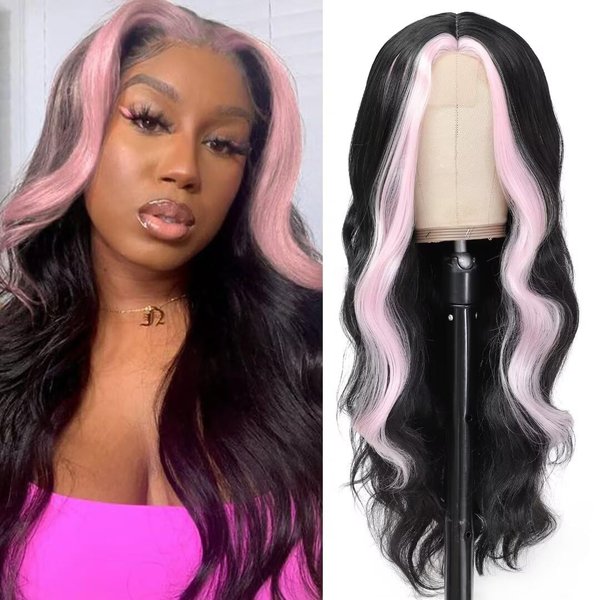 msloosily 28inch Highlight Body Wave Synthetic Wig Pink And Black Wig Middle Part Synthetic Lace Front Wigs For Black Women 4" Fake Scalp Long Wavy Skunk Stripe Wig