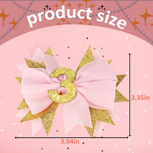 Vovii Sprinkle Birthday Hair Bow for 3rd Birthday Decorations for Girls, Glitter Pink Baby Bow Party Decorations for 3 Year Old Girl Birthday Decorations, Happy 3rd Birthday Decorations for Girls Hair