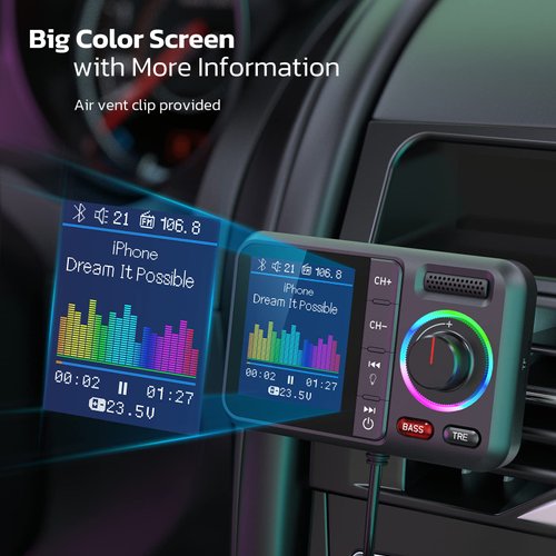 Nulaxy Bluetooth FM Transmitter for Car, Wireless Car Bluetooth Adapter V5.0 with Big Color Screen, Support Hands-Free Call, Siri&Google, MP3 Music Player BASS&TRE Booster, TF Card/AUX-KM28