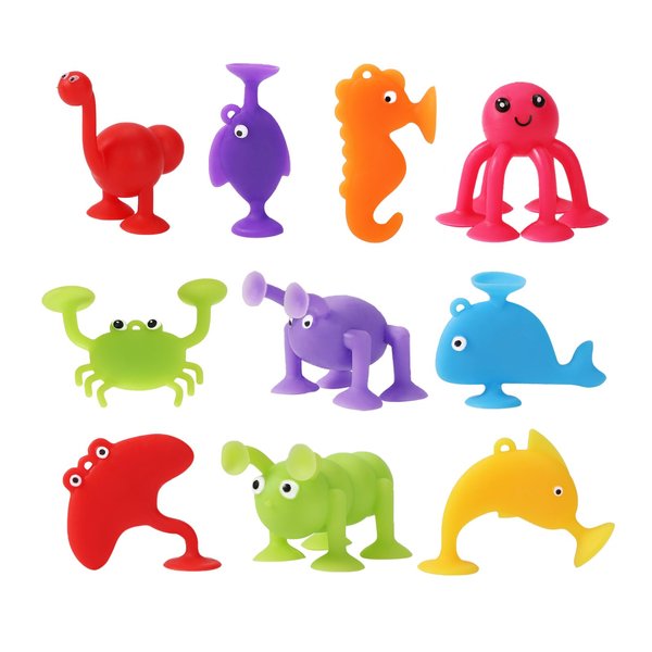 lasuroa 10pcs Suction Cup Toy, Soft Silicone Ocean Animals Sucker Toys Suction Bath Toys for Kids Bath Toys Senses Montessori Gift for 3 4 5 6 7 Year Old Boys and Girls