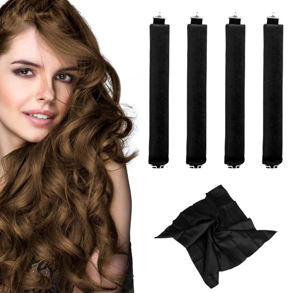Heatless Hair Curler, 4PCS Time-saving Hair Curling Roller Rods, Women Bombshell Waves Curling Set with Silk Headscarf, Hair Curling Headband for Women Long Hair Curling in Home, Yoga, Sleeping Black