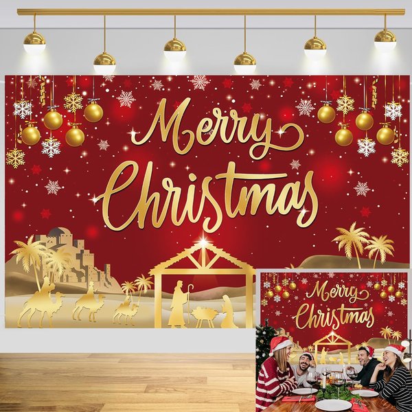 Red Jesus Christmas Backdrop 8x5FT Gold Glitter Sparkle Snowflake Merry Christmas Banner Background for New Year Family Gathering Winter Christmas Holiday Party Supplies (96x60 inch)