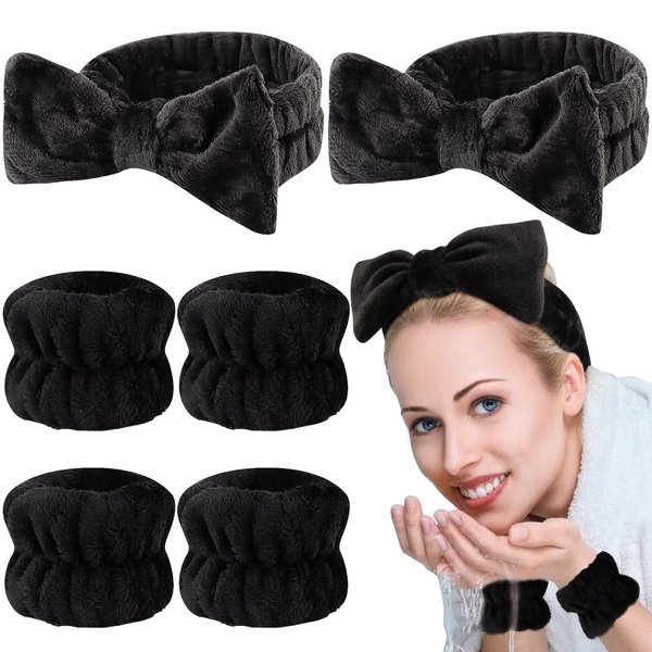 Casoty 6 Pcs Black Microfiber Hairband Set Soft Coral Fleece Material, Good Elasticity, Wide Application for Makeup Headband, Yoga, Reading, Work, Halloween Costume, Pajama Parties