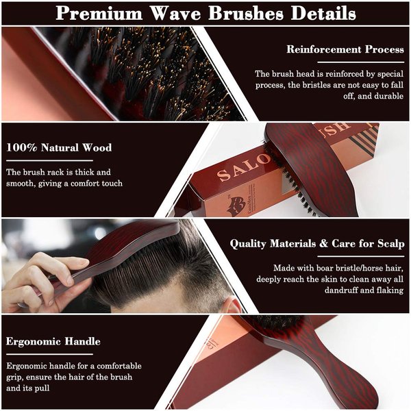 Boar Bristle Hair Brush, Medium Firmness Reinforced Natural Wave Bristles Comb Soft Curly Frizzy Wavy Dry Damaged Hair Hair styling Tools Brown Wood Handle Long Short Thin Fine Firm Hair Men Women