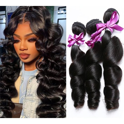 Brazilian Loose Wave Bundles Human Hair 4 Bundles 18 20 22 24inch 100% Unprocessed Virgin Hair Extensions Loose Wave Human Hair Bundles for Black Women Natural Color