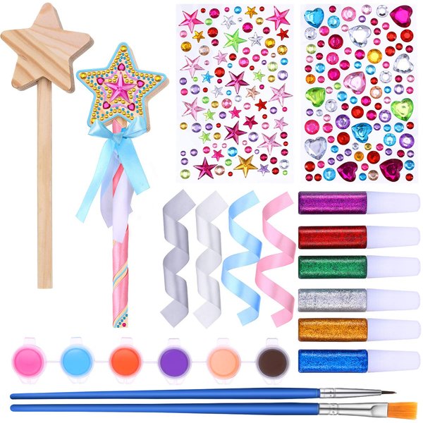 BBTO 24 Pieces Make Your Own Princess Wand Kit Include 2 Wooden Star Wands, 2 Dowels, 4 Satin Ribbons, 2 Gem Stickers, 6 Paints, 2 Paintbrushes, 6 Glitter Glues Pens Fairy Wand Art Craft Kit for Girl