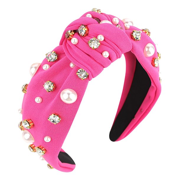 YISSION 1PC Crystal Pearl Knotted Headband for Women Non Slip Rhinestone Headband Wide Pearl Headbands for women Jeweled Embellished Hairband Hot Pink Head Band Hair Accessories for Women Girls