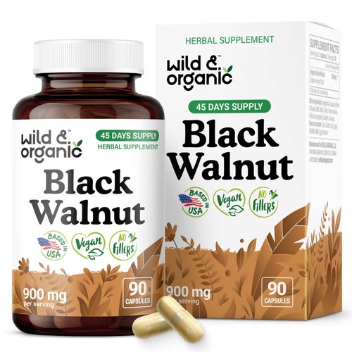 Wild & Organic Black Walnut Capsules 900 mg - Detox & Cleanse Support - Black Walnut Hull Powder Supplement - Juglans Nigra Herb - 45 Days of Supply - Vegan, No Fillers, Non-GMO - 90 Count