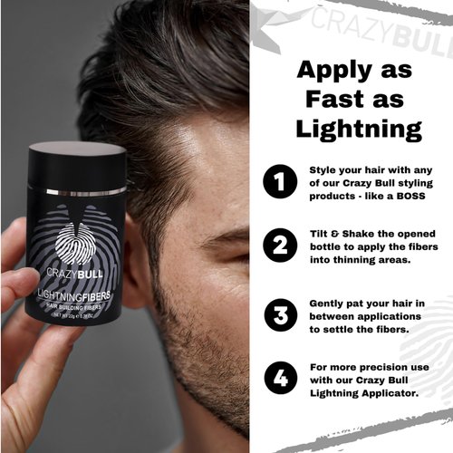 CrazyBull Hair Lightning Hair Building Fibers - Plant Based Hair Fibers - Hair Fibers for Thinning Hair - Bonds to Hair and Scalp - Black - 0.77 oz