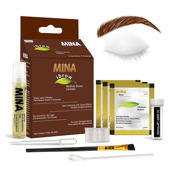 MinaiBrow Tint Kit (Medium Brown | Natural Spot Coloring Brow Tinting Powder with Oil & Brush | Water & Smudge Proof Tint, Instant Brow Dye Kit, 100% Gray Converge