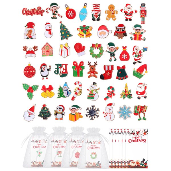 Siifert 50 Sets Christmas Pins Gifts Christmas Enamel Pins Bulk Holiday Pins for Hat Cute Santa Snowflake Snowman Elk Lapel Pins Backpacks Pins Brooches for Women Girls with Card Organza Bags