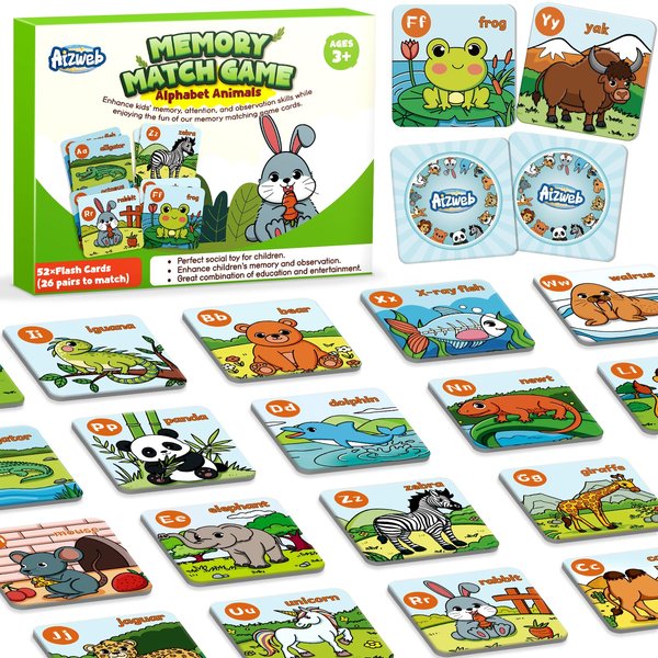 Aizweb Alphabet Match Game,Memory Game,52 Pcs ABC Learning Letter Flash Cards for Toddlers Ages 3 4 5,Educational Toys for Pre K Preschool Kindergarten Learning Activities Classroom Must Haves