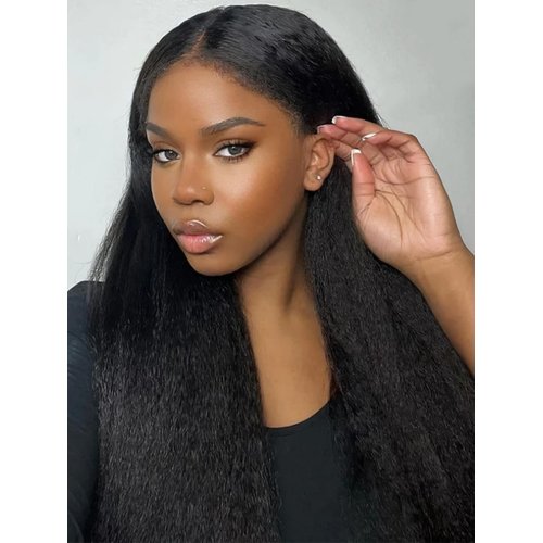 MENTOR 4C Edges Kinky Straight Lace Front Wigs Human Hair Yaki Stairght 13x4 HD Transparent Lace Frontal Kinkystraight Wigs with Curly Edges Hairline Pre-Plucked 180% Density 18 inch