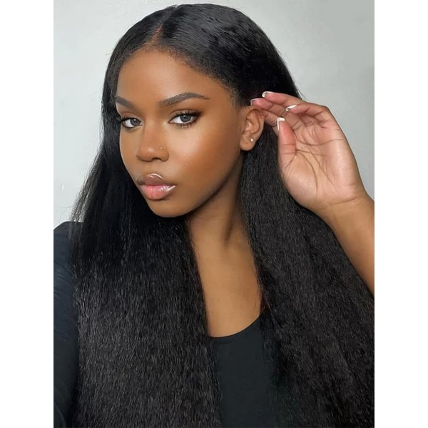 MENTOR 4C Edges Kinky Straight Lace Front Wigs Human Hair Yaki Stairght 13x4 HD Transparent Lace Frontal Kinkystraight Wigs with Curly Edges Hairline Pre-Plucked 180% Density 18 inch