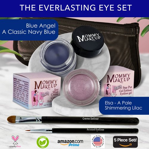 The Everlasting Eye 5 Piece Waterproof Makeup Set. Gel Eyeliner, Creme Eyeshadow, 2 brushes and Mesh Bag. Paraben-free, Talc-free, Cruelty-free. Elsa/Blue Angel 1112