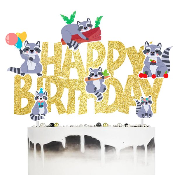 Raccoon Happy Birthday Cake Topper Raccoon Birthday Party Decoration Gold Glitter Woodland Birthday Party Cake Pick for Raccoon Theme Birthday Party Woodland Forest Baby Shower Supplies