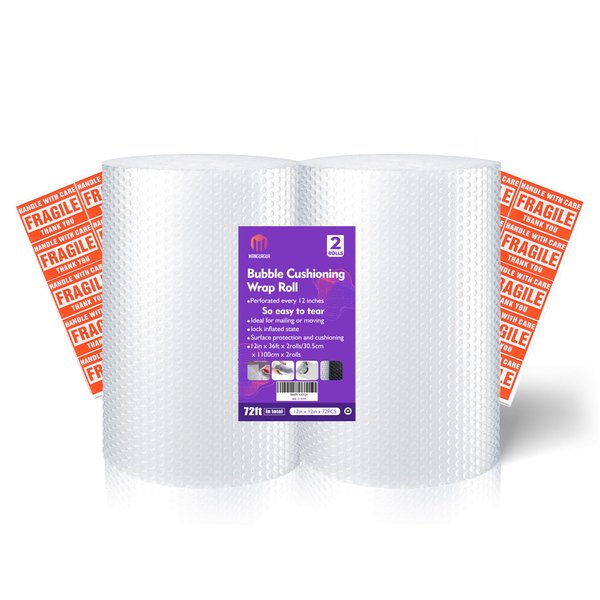 Wanguagua 2 Pack 12 Inch x 72 Feet Total Bubble Packing Wrap For Moving Boxes Shipping Cushioning Roll Supplies Perforated Every 12”