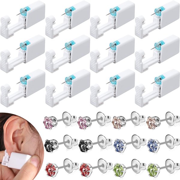 12 Pieces Ear Piercing Kit Disposable Nose Piercing Gun Portable at Home Ear Piercer with Pierced Earrings Self Ear Pierce Kit Household Body Piercing Tools with 12 Pieces Ear Studs for Men Women