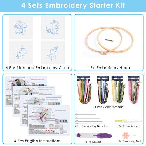 ERKOON 4 Sets Embroidery Kit for Beginners, Art Craft Handy Sewing Set Hummingbird and Flower Cross Stitch Starter Kits, DIY Embroidery Kits with Patterns and Instructions Hoops Needles Threads