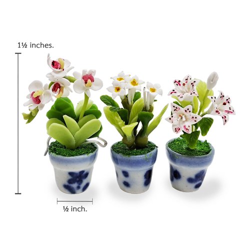 WitnyStore Tiny 1½" High 3 Pieces Set Lily Orchid Plumeria Hand Made Artificial Flowers Realistic Colorful Miniature Modelling Clay Flower Pots Brilliant Variety of House Plant Species Home Decoration