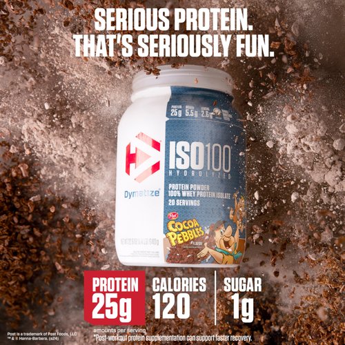 Dymatize x Cocoa Pebbles ISO100 Whey Protein Powder Isolate, 25g of Protein, 20 Servings, 5.5g BCAAs, 120 Cal., Gluten Free, 1g Fat, 1g Sugar, 2g Carb