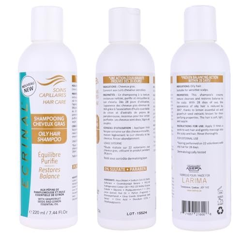 Ecrinal Oily Hair Purifying Shampoo 220ml – Lemon & Grapefruit Extracts for Deep Cleansing & Scalp Rebalancing – Sulfate & Paraben Free
