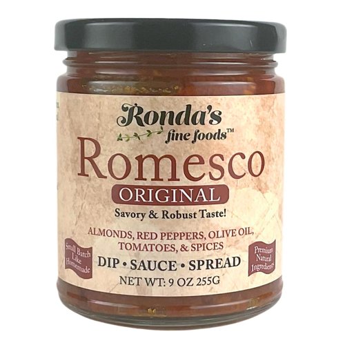 Original Romesco by Ronda's Fine Foods | Dip, Sauce, Spread | 9.0 oz Jar | Gourmet, Small-Batch | Savory & Robust Taste | Almonds, Pure Olive Oil, Roasted Red Peppers, Spices | Versatile Condiment | Charcuterie