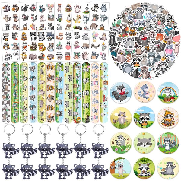 98 PCS Raccoon Party Favors, Raccoon Temporary Tattoos Slap Bracelets Keychains Stickers Badges for Woodland Raccoon Birthday Party Decorations Supplies Gifts for Kids Boys Girls Classroom Rewards