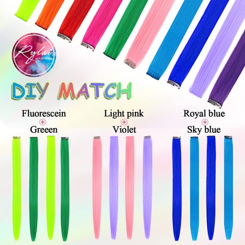 Meepo Curlable 10 Colors Hair Extensions Highlight Clip In Colored Hair Extensions Straight Colorful Single Hairpiece For Girls/Women/Kids 22 Inch Multi-Colors Synthetic Party Hair(10pcs/Set)