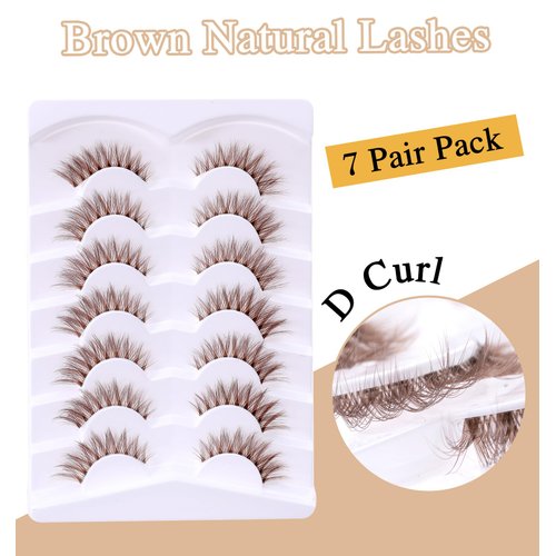 Brown Eyelashes, Brown Lashes Natural Look D Curl Cat Eye Lashes Wispy Mink Eyelashes Volume Brown Eyelashes with Clear Band False Eyelashes Light Brown 7 Pairs