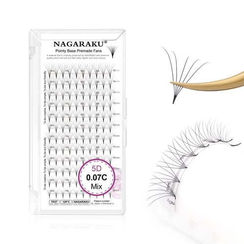 NAGARAKU Premade Fans Eyelash Extensions Premade Volume Fans Lash Extensions 120 Fans 5D 0.07C Curl 8-15mm Mix Sharp Narrow Stem Clusters Thin Pointy Base Russian Fans Ready Volume Premade Lash Fan