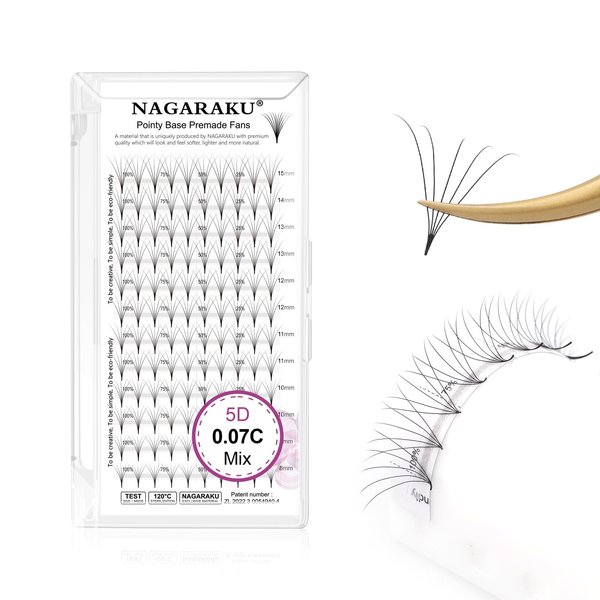 NAGARAKU Premade Fans Eyelash Extensions Premade Volume Fans Lash Extensions 120 Fans 5D 0.07C Curl 8-15mm Mix Sharp Narrow Stem Clusters Thin Pointy Base Russian Fans Ready Volume Premade Lash Fan