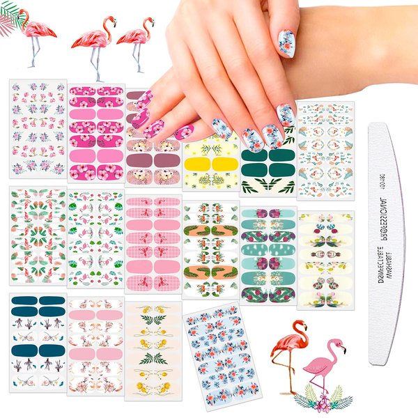 JERCLITY 16 Sheets Flower Nail Polish Strips Spring Nail Wraps with Nail File Self-Adhesive Flamingo Flower Bird Nail Stickers Full Nail Wraps for Women Kids Nail Strips Manicure Kit for DIY Nail Art