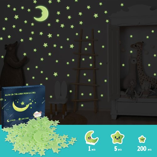 Glow in The Dark Stars for Ceiling - 205PCS Stars & 1 Moon for Kids Bedroom, Baby Room Nursery - Safe, Removable & Reusable