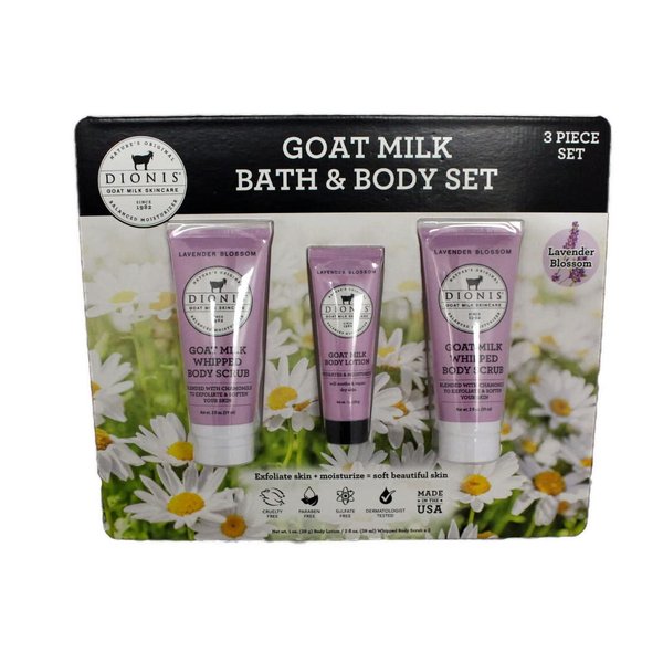 Dionis Goat Milk Bath & Body Set, 3 Piece Set, Includes 1 oz. (28 g) Body Lotion / 2 fl oz. (59mL) Whipped Body Scrub x2, Cruelty Free, Paraben Free, Sulfate Free, Dermatologist Tested (Lavender