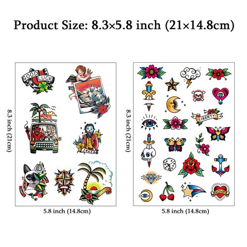 CARGEN Vintage Temporary Tattoos - Traditional Old School Classic Cool Stickers Sailor Jerry Style Joker Flower Beach Coconut Tree Skull Buttery Anchor Temporary Tattoo Fake Tattoo Great for Arm
