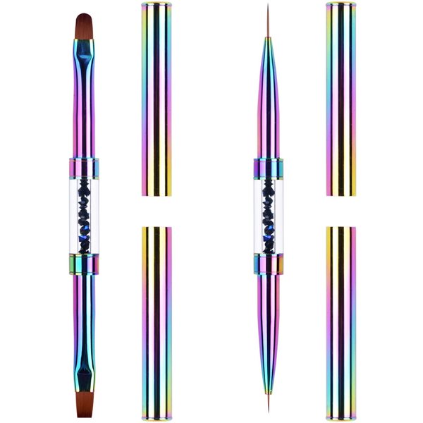 Ycyan 2Pcs Dual-ended Nail Design Brushes Rhinestone Handle UV Gel Nail Brush Set Professional Nail Art Tools Rainbow