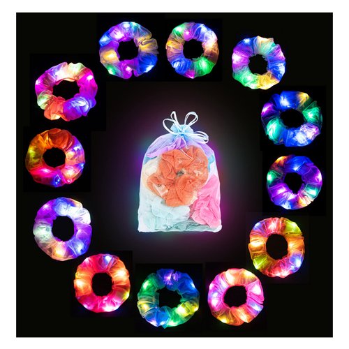 Lolalet 12PCS LED Light Up Hair Scrunchies, Neon Hair Ties for Girls, Glow in the Dark Accessories for Sleepover Party Favors, Colorful Elastic Band for Rave Festival Dance Night Events -Style A