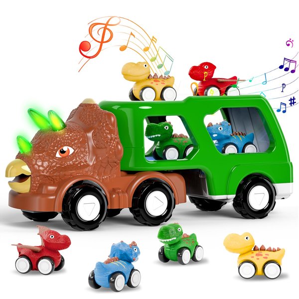 Dinosaur Truck Toys for Kids 3-5 Years, 5-in-1 Dinosaur Transport Carrier Truck with Dino Sound & Light, Dinosaur Truck with 4 Pull Back Cars, Dinosaur Cars Set for Toddlers (Green)