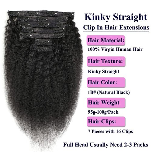 Kinky Straight Clip In Hair Extensions for Black Women Real Human Hair Coarse Yaki Clip Ins Hair Extensions, Brazilian Remy Kinky Straight Clip ins Hair Natural Black 7Pcs 100Gram/Pack (18 Inch)