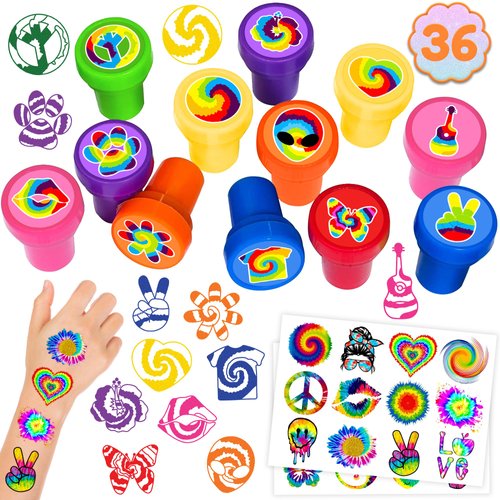 36PCS Tie Dye Party Favors 24 Tattoos Sticker 12 Stamp Set - Ideal Multicolor Themed Birthday Card Decorations Supplies Goodie Bag Cute Rewards for Girls Classroom Gifts Baby Shower Prizes