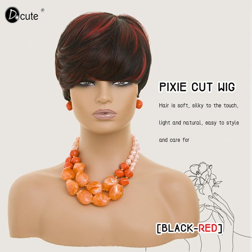 DOcute Short Wigs For Black Women Black And Red Gradient Color Wig Pixie Cut Wig Short Straight Wig With Bangs Synthetic Fiber Wigs For Daily Wear（Black Mixed Red）